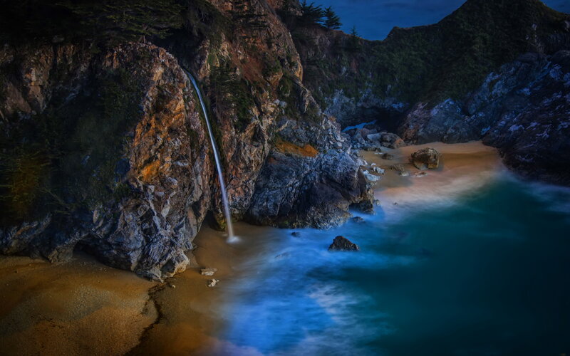 Waterfall on Rocky Beach — Blue, Dramatic
