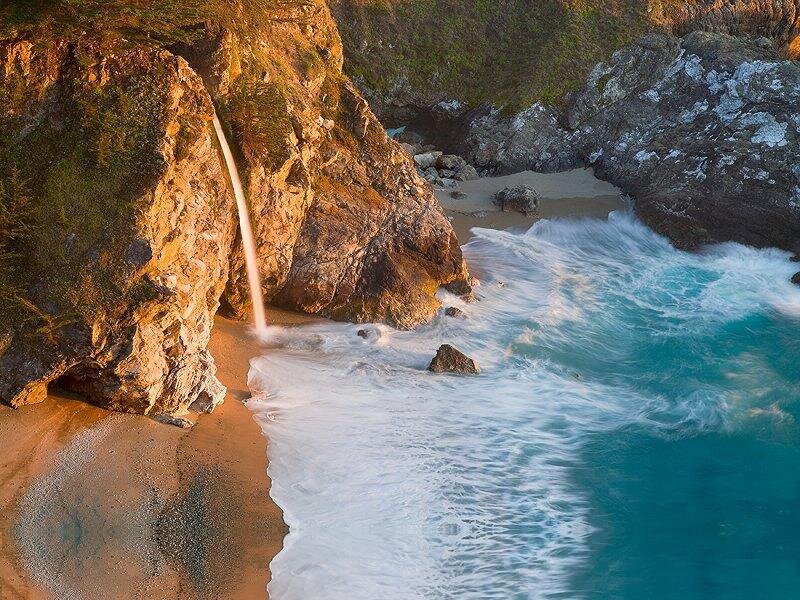 Waterfall on Rocky Beach — Blue