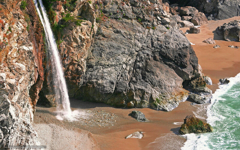 Waterfall on Rocky Beach — Brown, Dramatic, Afternoon, Photograph, Ocean