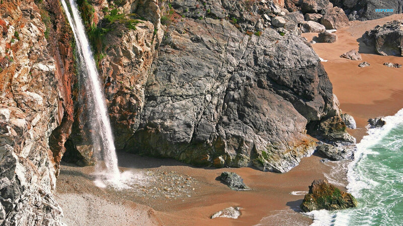 Waterfall on Rocky Beach — Brown, Dramatic, Afternoon, Photograph