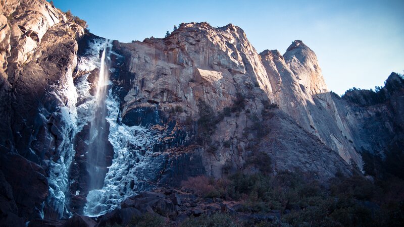 Waterfall on Rocky Cliff — Blue, Dramatic, Morning