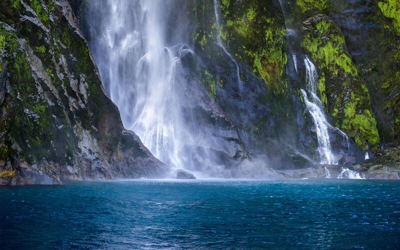 Waterfall on Rocky Cliff — Blue, Dramatic, Photograph