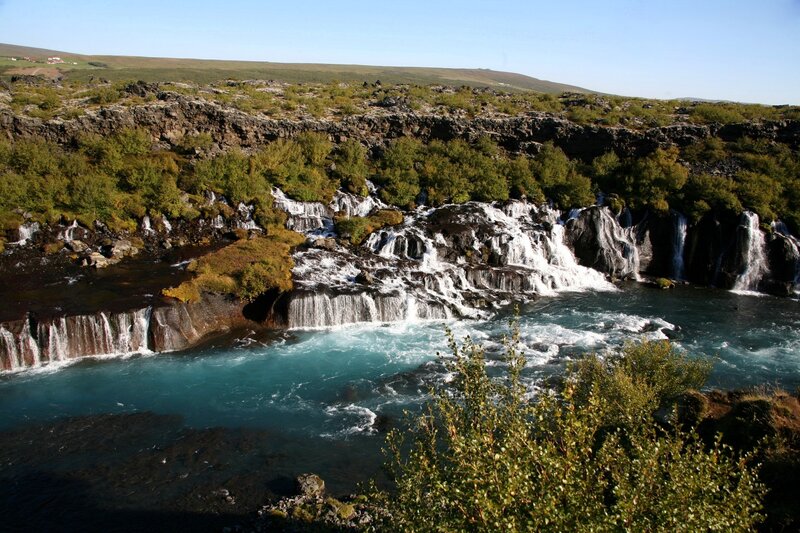 Waterfall on Rocky Cliff — Blue, Serene, Afternoon, Photograph, River, Trees, Green, Brown