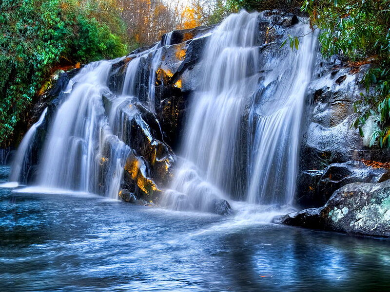 Waterfall on Rocky Cliff — Blue, Serene, Autumn