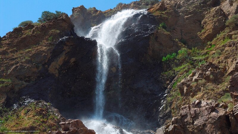 Waterfall on Rocky Cliff — Brown, Dramatic, Afternoon, Photograph