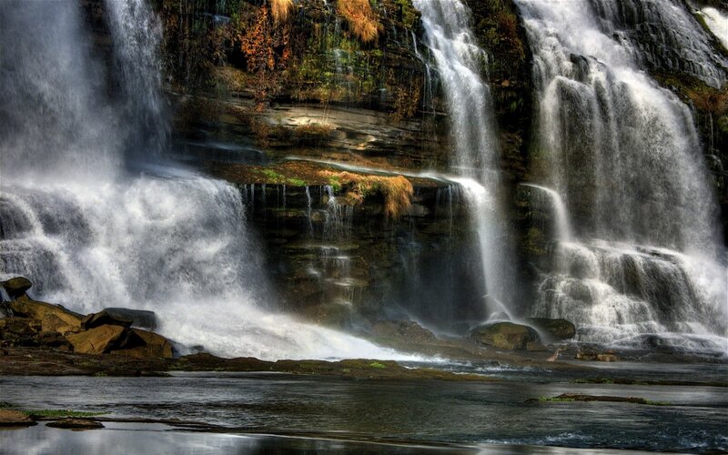 Waterfall on Rocky Cliff — Brown, Dramatic, Autumn