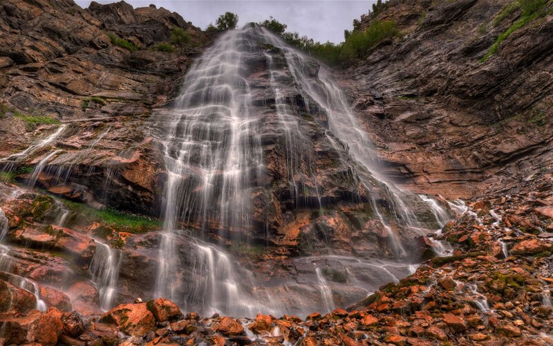 Waterfall on Rocky Cliff — Brown, Dramatic, Photograph, Rocks