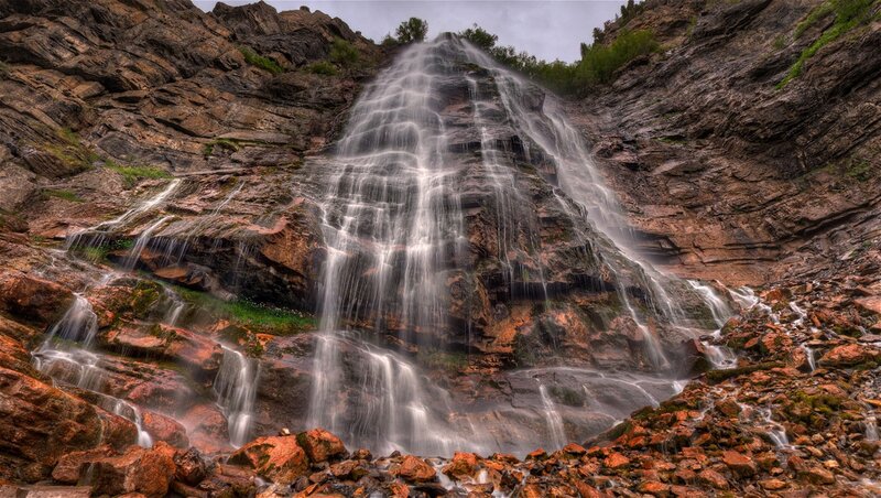 Waterfall on Rocky Cliff — Brown, Dramatic, Photograph, Rocks, Trees