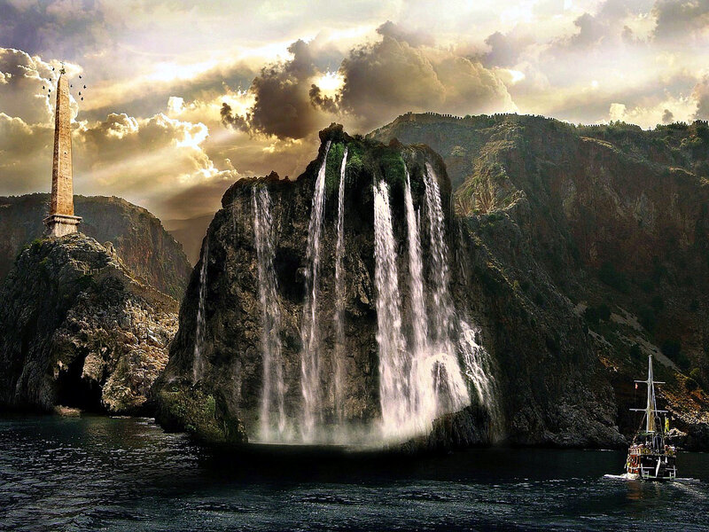 Waterfall on Rocky Cliff — Brown, Dramatic