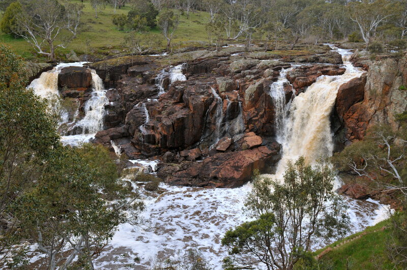 Waterfall on Rocky Cliff — Brown, Natural, Photograph, Trees