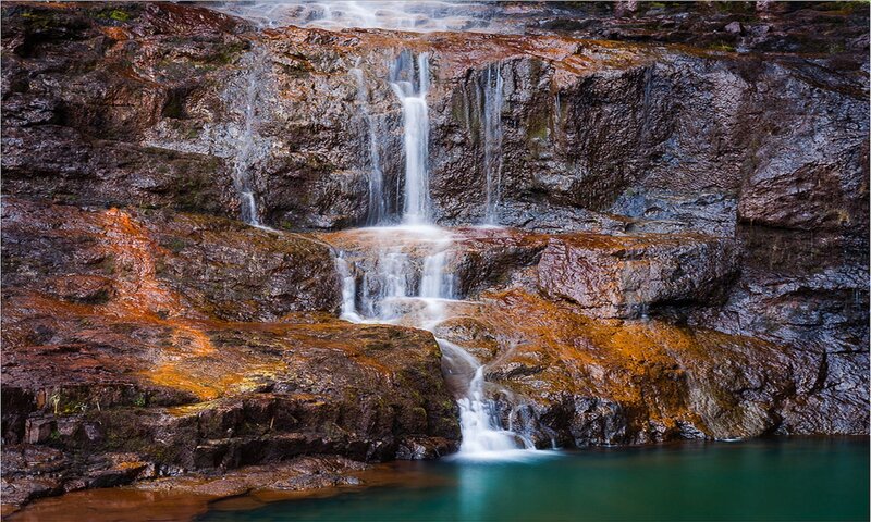 Waterfall on Rocky Cliff — Brown, Serene, Photograph