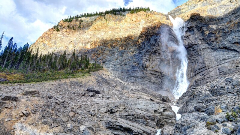 Waterfall on Rocky Cliff — Gray, Dramatic, Afternoon, Photograph