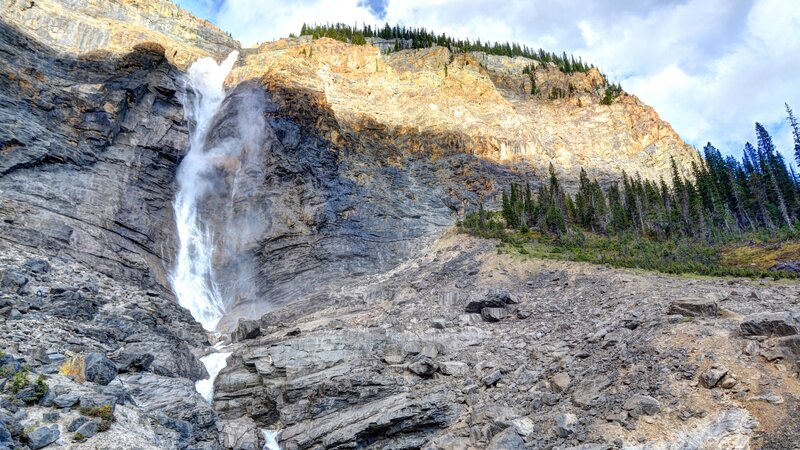 Waterfall on Rocky Cliff — Gray, Dramatic, Afternoon