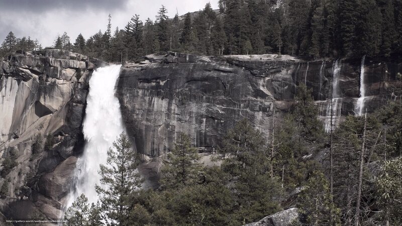 Waterfall on Rocky Cliff — Gray, Dramatic, Photograph, Trees, Forest