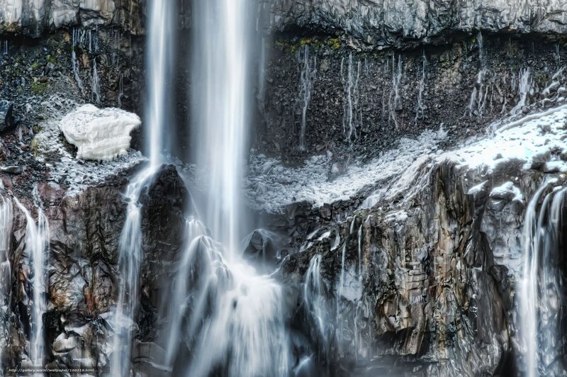 Waterfall on Rocky Cliff — Gray, Dramatic, Winter