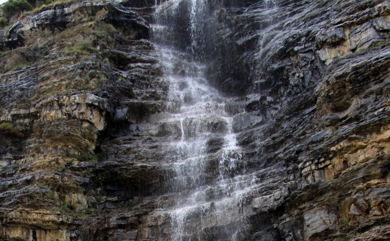 Waterfall on Rocky Cliff — Gray, Natural, Photograph