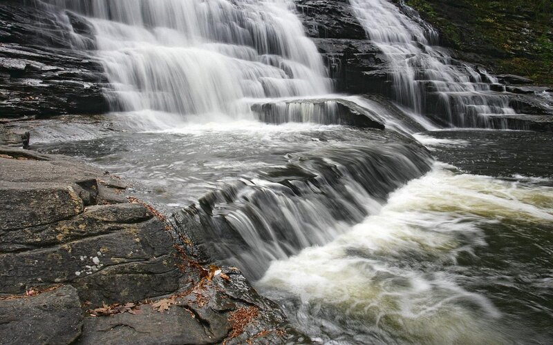 Waterfall on Rocky Cliff — Gray, Serene, Autumn, Photograph, Rocks, Leaves