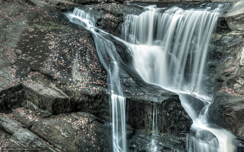 Waterfall on Rocky Cliff — Gray, Serene, Autumn, Photograph, Rocks