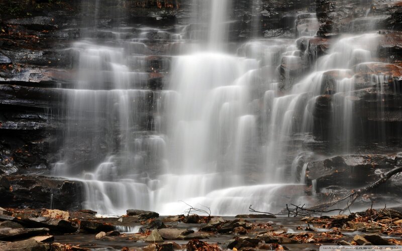 Waterfall on Rocky Cliff — Gray, Serene