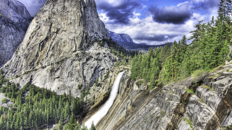 Waterfall on Rocky Cliff — Green, Dramatic, Afternoon, Photograph