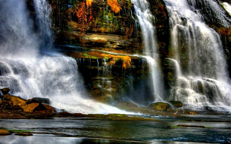 Waterfall on Rocky Cliff — Green, Dramatic, Autumn