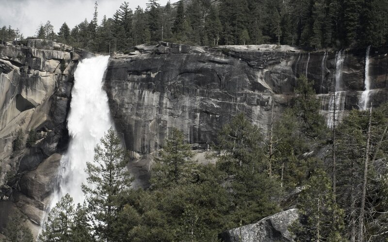 Waterfall on Rocky Cliff — Green, Dramatic, Photograph, Trees, Forest, Gray, White