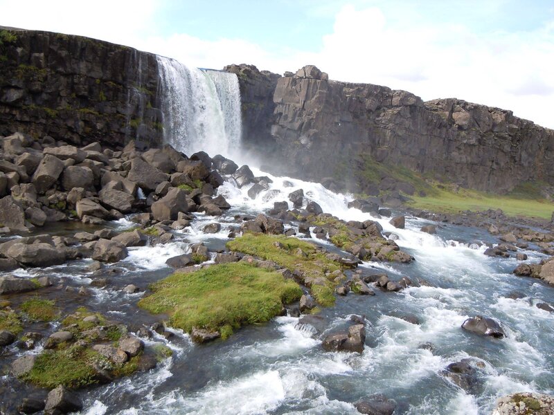 Waterfall on Rocky Cliff — Green, Natural, Afternoon, Photograph