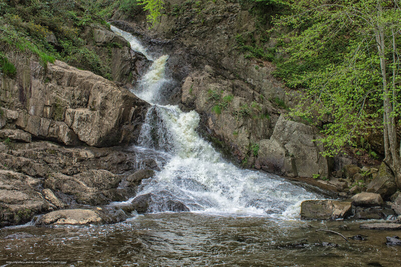 Waterfall on Rocky Cliff — Green, Natural, Spring