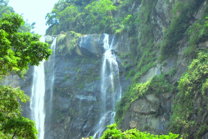 Waterfall on Rocky Cliff — Green, Serene, Afternoon, Photograph, Trees, River