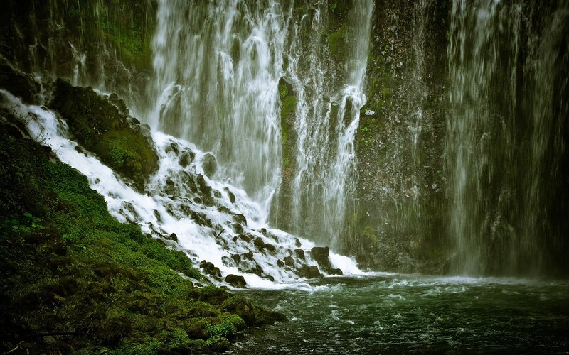Waterfall on Rocky Cliff — Green, Serene, Photograph, Rocks, Moss, Pool