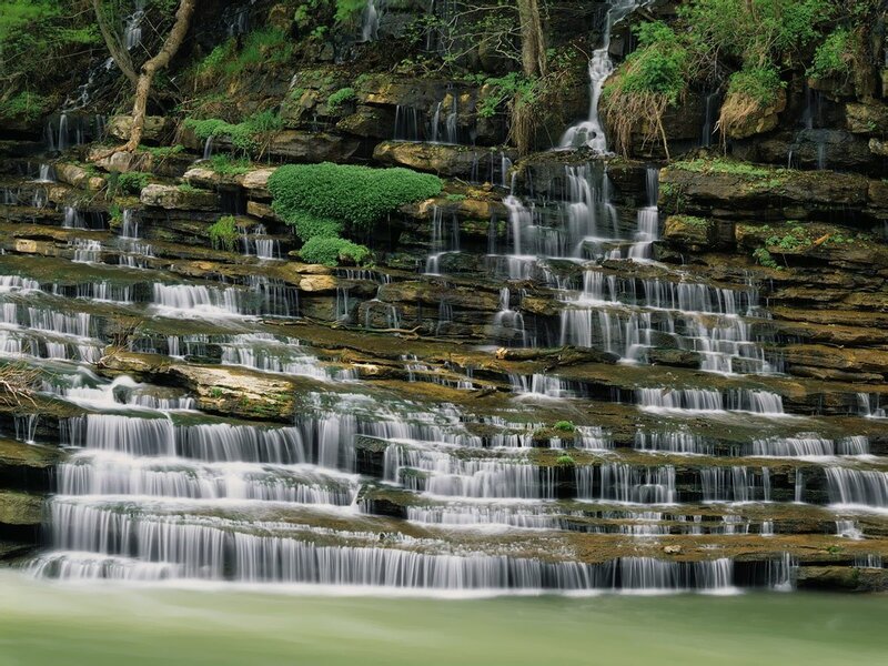 Waterfall on Rocky Cliff — Green, Serene, Photograph, Rocks, Trees, Plants