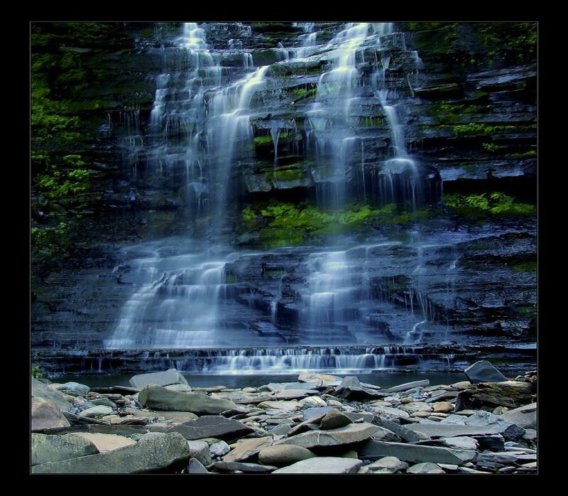 Waterfall on Rocky Cliff — Green, Serene, Photograph, Rocks, Trees, Stream