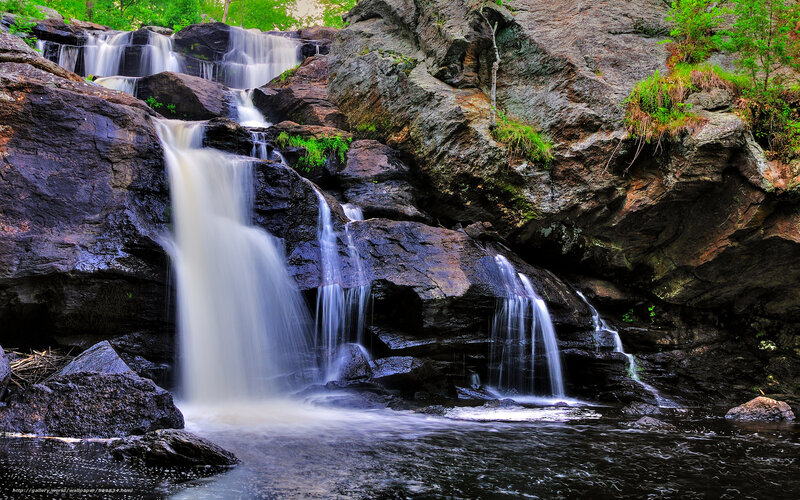 Waterfall on Rocky Cliff — Green, Serene, Summer