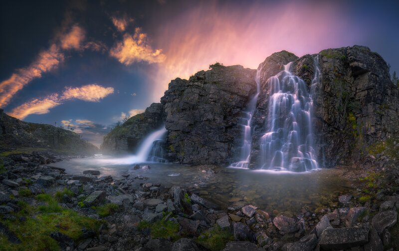 Waterfall on Rocky Cliff — Purple, Dramatic, Sunset, Photograph, River