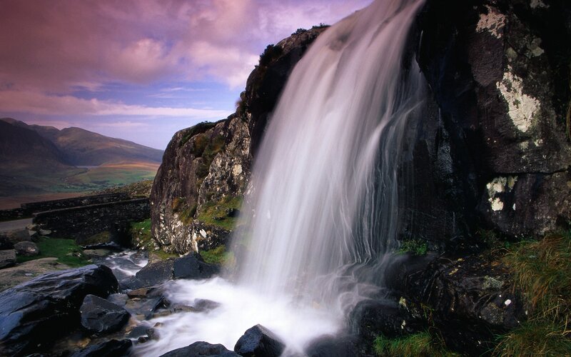 Waterfall on Rocky Cliff — Purple, Dramatic, Sunset, Photograph