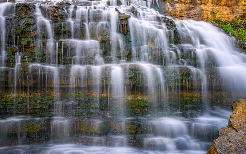 Waterfall on Rocky Cliff — White, Serene