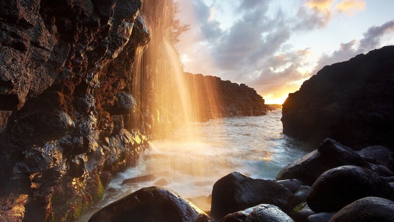 Waterfall on Rocky Coast — Black, Dramatic
