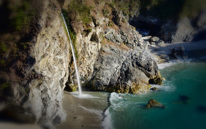 Waterfall on Rocky Coast — Blue, Dramatic