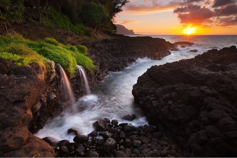Waterfall on Rocky Coast — Orange