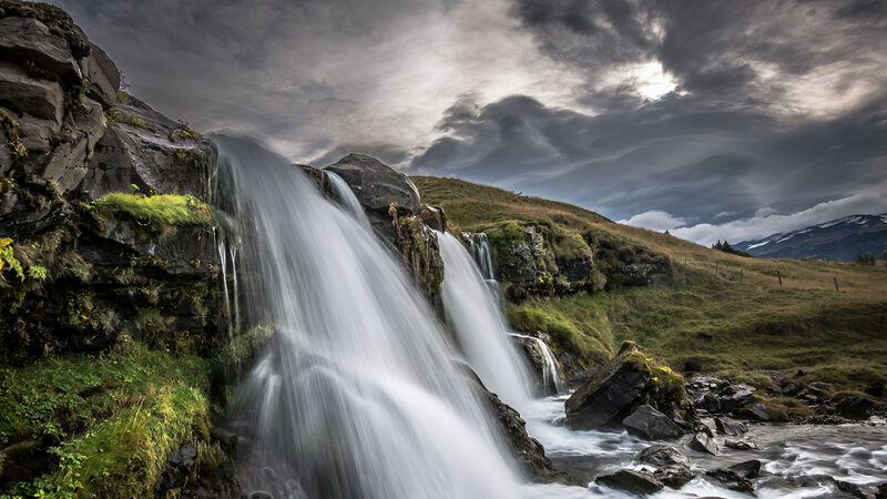 Waterfall on Rocky Hillside — Gray