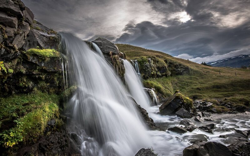 Waterfall on Rocky Hillside — Green, Dramatic, Photograph