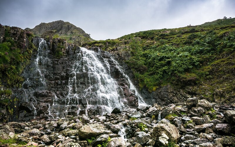 Waterfall on Rocky Hillside — Green, Natural, Photograph