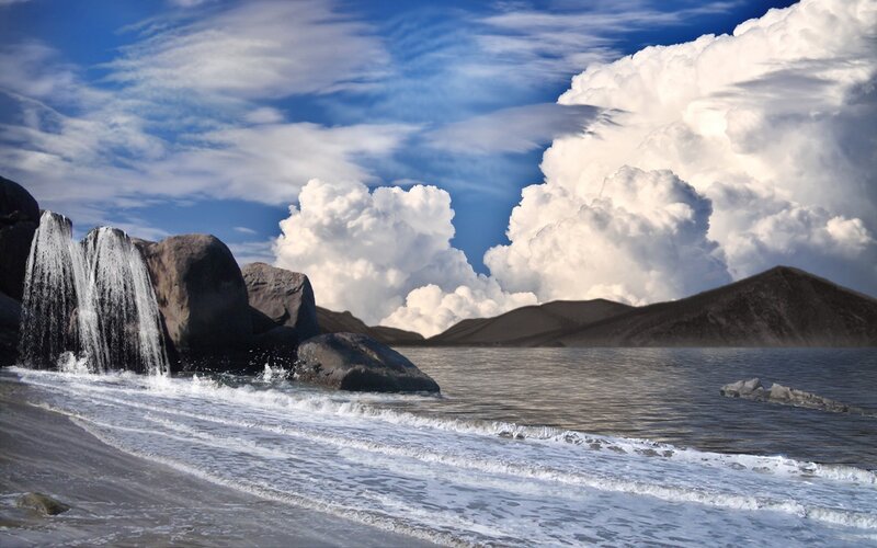 Waterfall on Rocky Shore — Blue, Dramatic