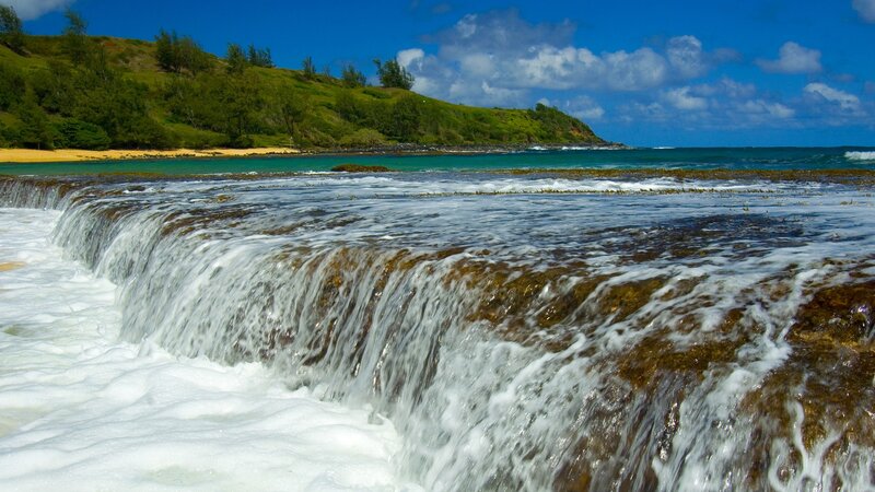 Waterfall on Rocky Shore — Blue, Serene, Afternoon