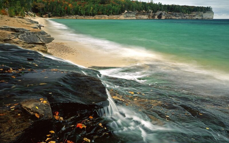 Waterfall on Rocky Shore — Green