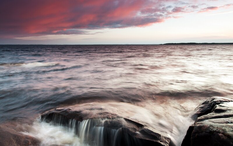 Waterfall on Rocky Shore — Pink