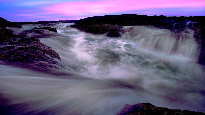 Waterfall on Rocky Shore — Purple, Dramatic