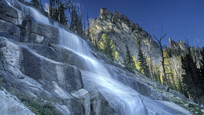 Waterfall on Rocky Slope — Blue