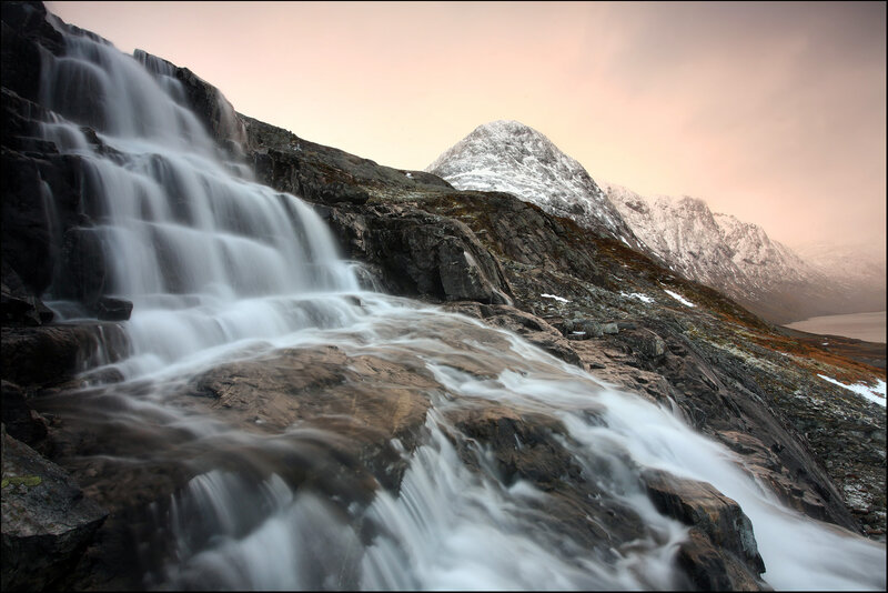 Waterfall on Rocky Slope — Gray, Serene