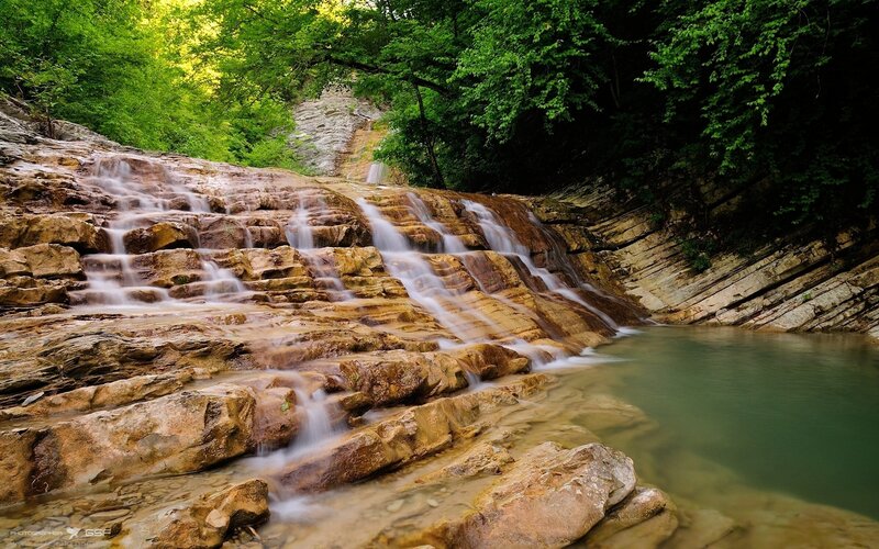 Waterfall on Rocky Slope — Green, Serene, Afternoon, Photograph, Trees, River